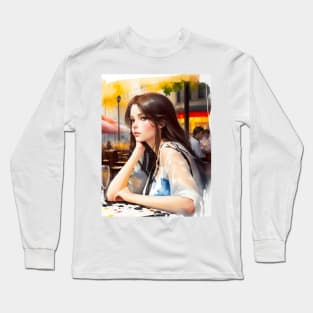 beauitful woman on parisian cafe Long Sleeve T-Shirt